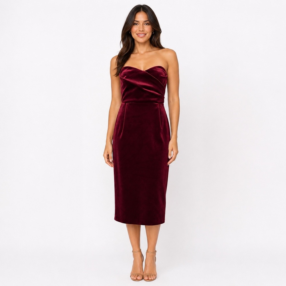 Express Velvet Strapless Midi Dress M Burgundy Draped Sweetheart Cocktail